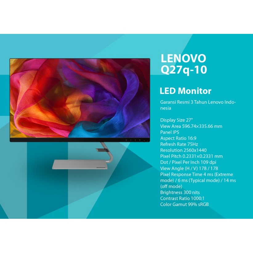 LENOVO Monitor 27" Q27q-10 QHD IPS 75Hz AMD FreeSync