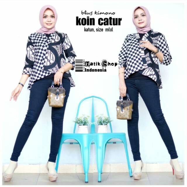 Blus Koin Catur Monokrom Batik Kimono Kerja Kantoran Monochrome Kondangan Casual Modern Blouse Kerja Kantoran Monochrome Hitam Putih Seragaman