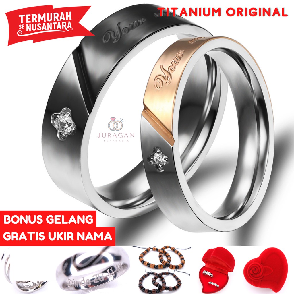 [HIGH QUALITY] Cincin Couple BUCIN R14 Titanium Ukir Nama + Box Cincin Beludru + BONUS Gelang Couple