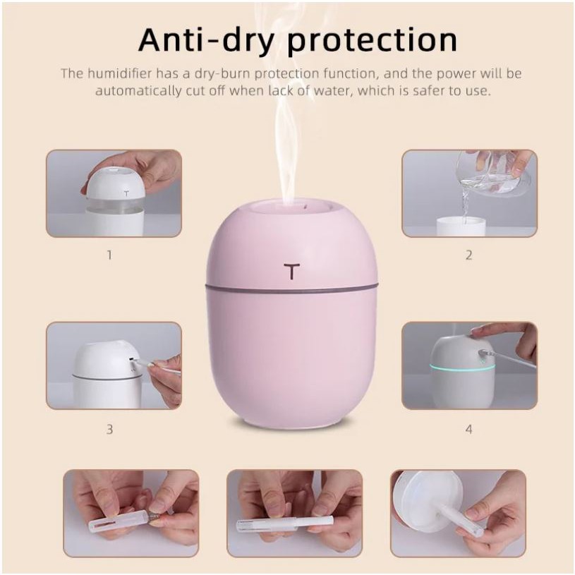Humidifier Purifier Portable (T MODEL)  Pelembab Udara with LED Light Warna/ Diffuser Mini Portable-1