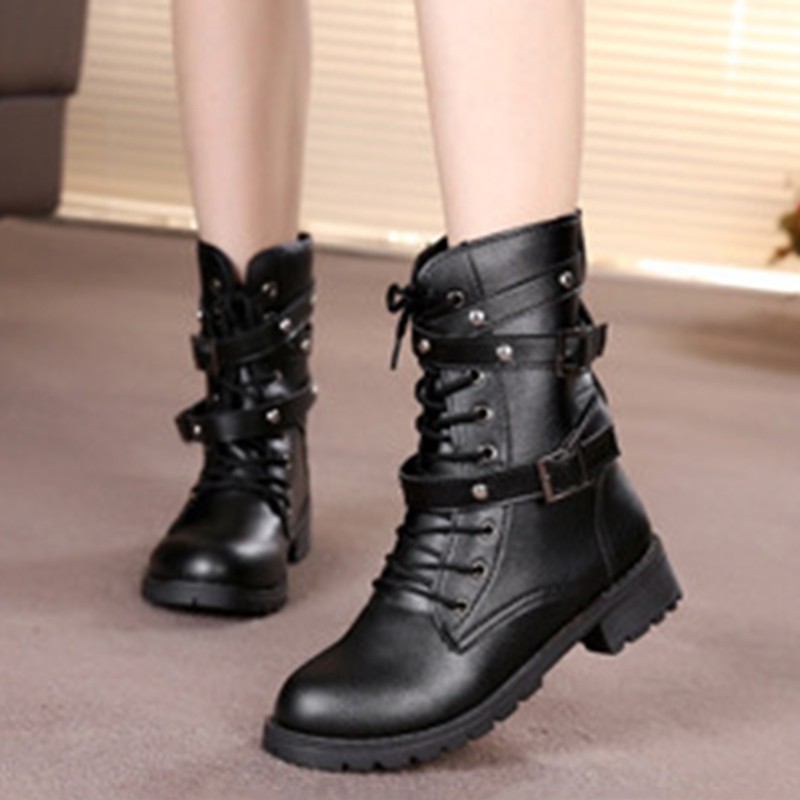 lace up biker flat ankle boot
