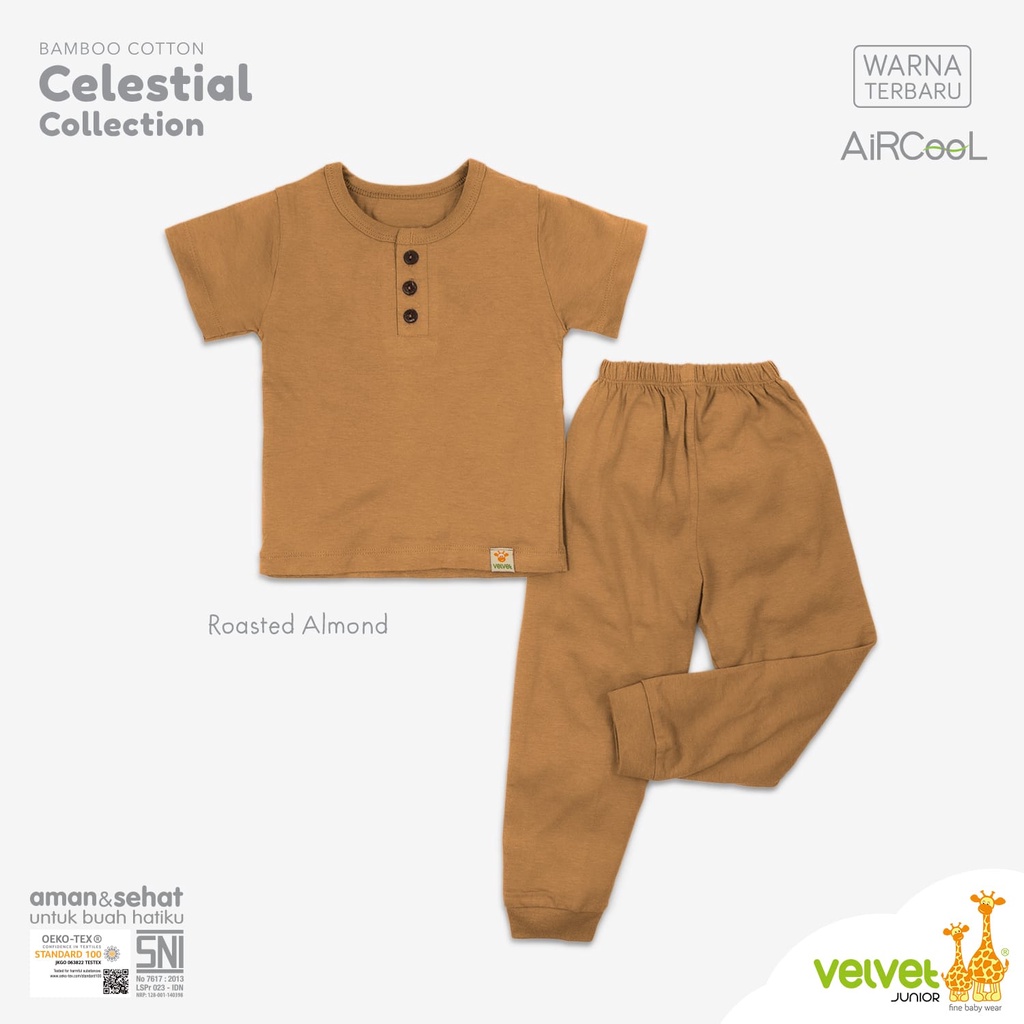 Velvet Junior AIRCOOL Setelan Piyama Pendek Celana Panjang Kancing Dada Baju Tidur Anak Polos Warna Bamboo Cotton Katun Bambu