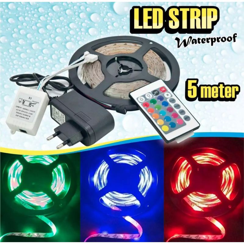 Lampu Led Strip Rgb Multi Color IP44 Remot dan Adaptor Siap Pakai