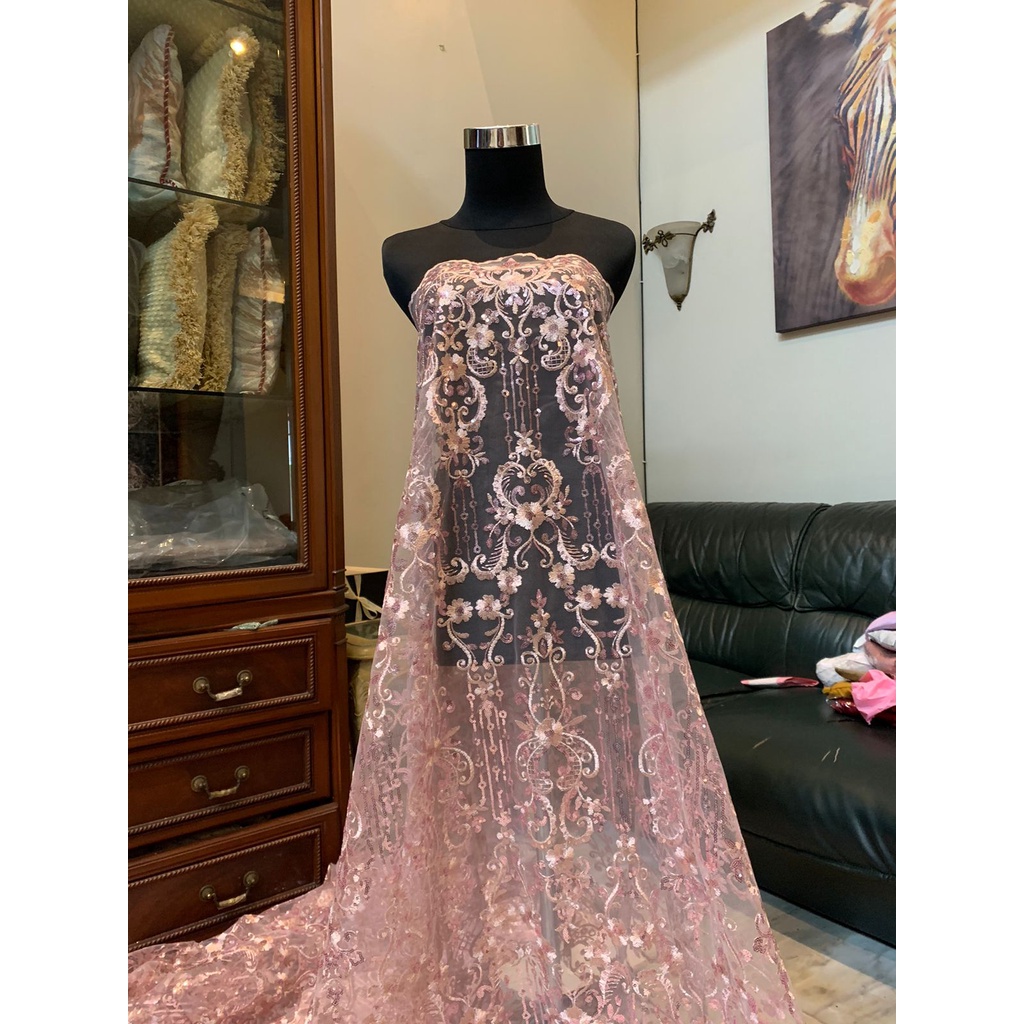 Bahan Kain Kebaya Brokat Tile Payet Bordir Mewah Elizabeth Warna Pink Rosegold