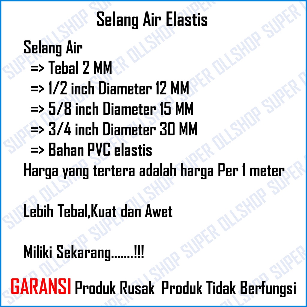 Selang Air Tebal Type Doff 1/2 5/8 Inch Slang Per Meter Murah Siram Taman Cuci kendaraan