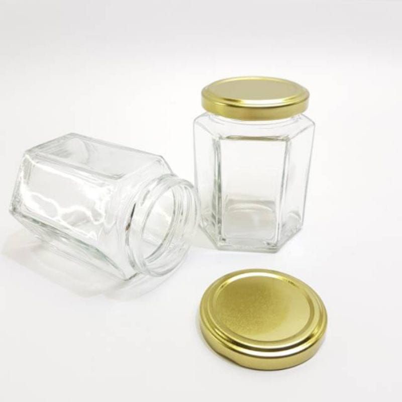 195ml  Botol Hexagonal 195 ml + TUTUP SENG GOLD BARU / Botol Kaca Hexagonal 195 ml BARU  / Botol Kaca Khusus Gojek jkt42