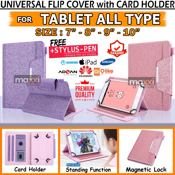 Universal Flip Case Casing Book Cover Sarung Kesing Tab Tablet 7 8 9 10 Inch Slot Kartu Flipcase Fli