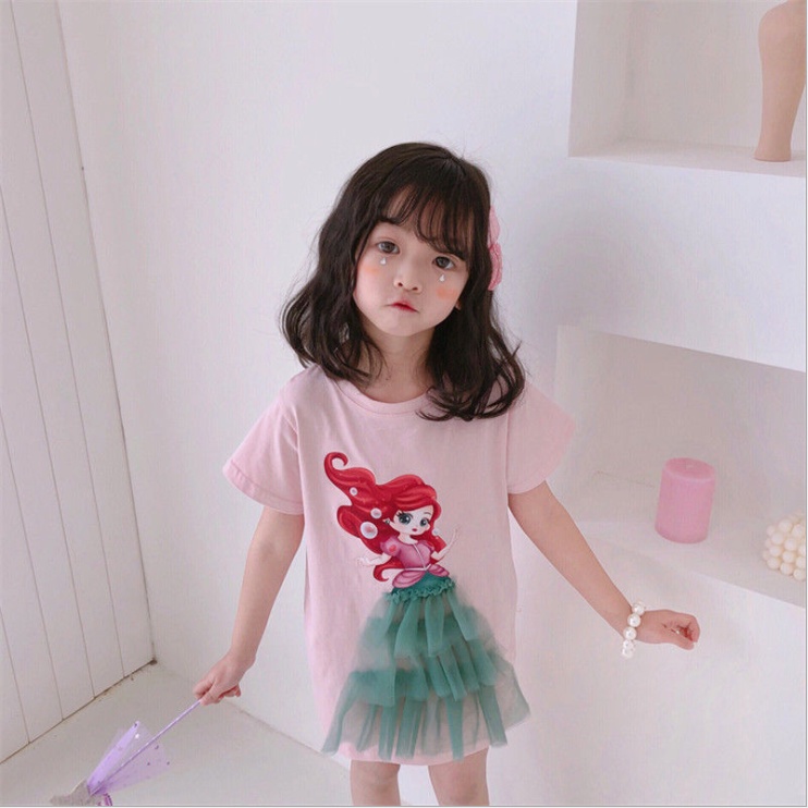 Dress lengan pendek anak perempuan Elsa Snow White Mermaid Model T-shirt/ Dress Kasual