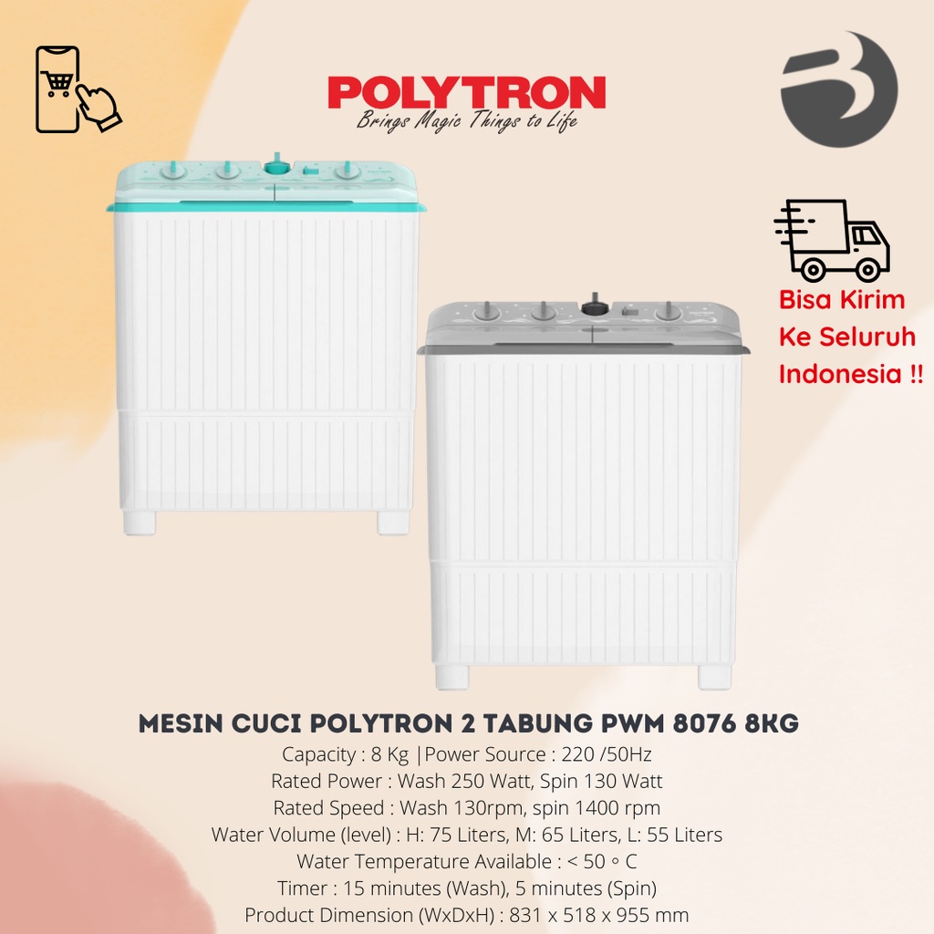 MESIN CUCI POLYTRON 2 TABUNG PWM 8076 8KG