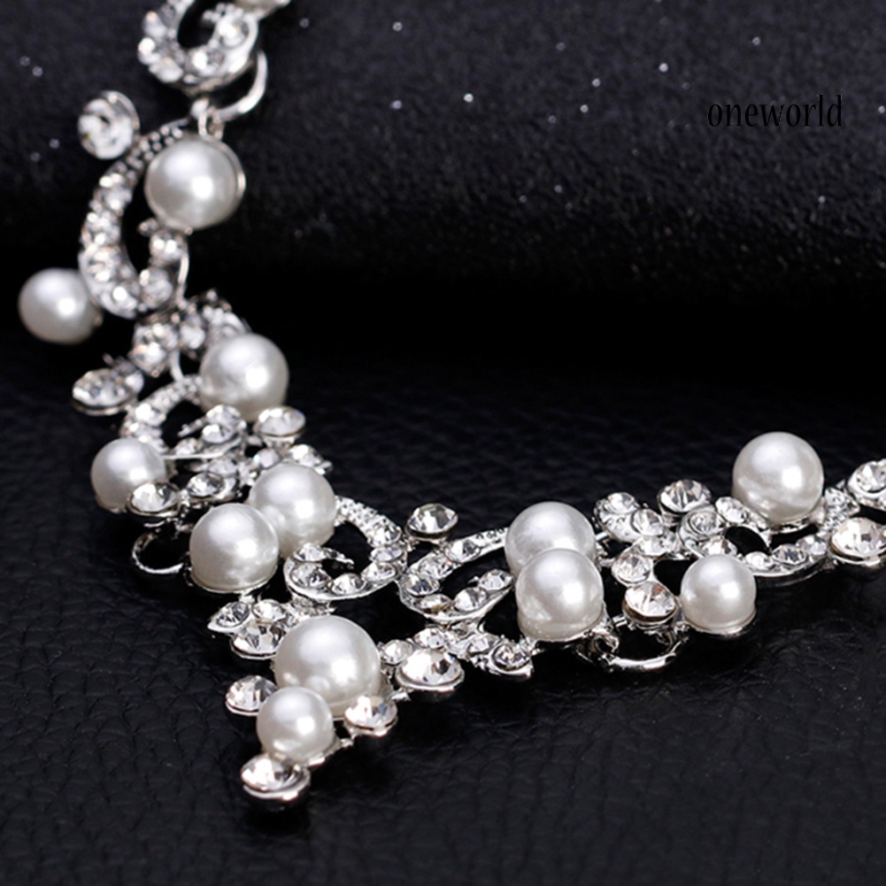 OW@ Fashion Alloy Rhinestone Faux Pearl Necklace Earrings Women Bride Jewelry Set