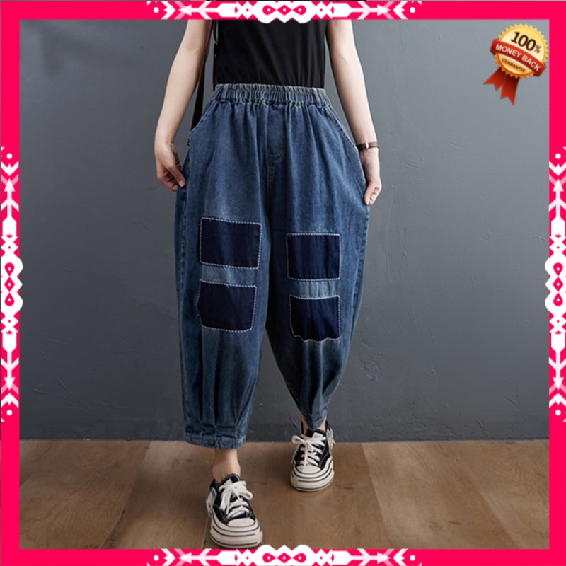 Celana Highwaist Wanita Jeans New  Spring Arts Style Women Elastic Waist Cotton Denim Harem Pants Pa