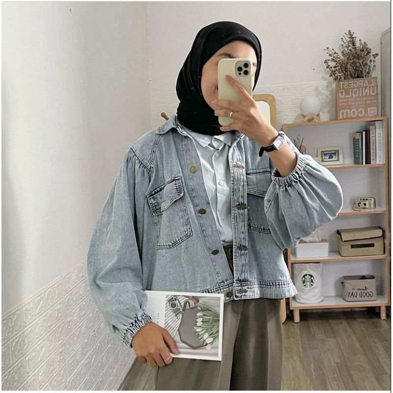 Arka Material Jeans Denim Jaket Wanita Oversize Lengan Balon LD 120