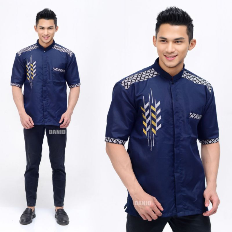 BAJU KOKO PRIA DEWASA KOMBINASI BORDIR BATIK FASHION PRIA DEWASA LENGAN  PENDEK TERBARU MODERN MASA KINI KEKINIAN ATASAN MUSLIM PRIA