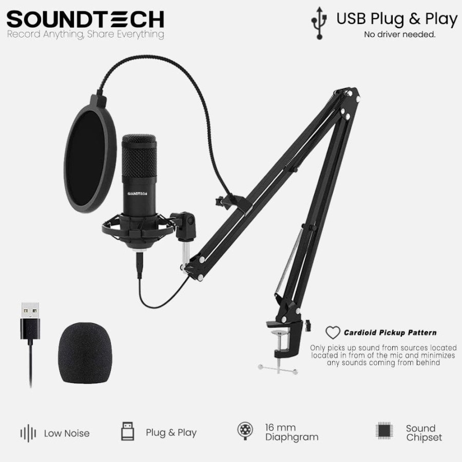 SOUNDTECH USB Microphone Condenser Stand Scissor ST800 Mic Boom Arm for Podcast Streaming Gaming 2.0