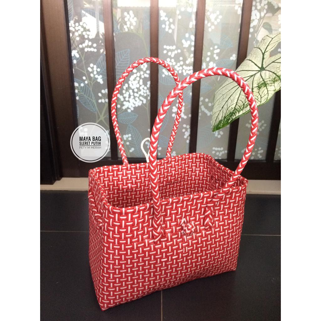 Tas Anyaman Plastik / Tas Pasar / Tas Jinjing Pety M Sleret Putih Merah