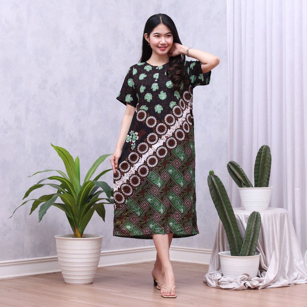 Daster Batik Prass - Motif Abstrak - Leher Kancing - Busui - Bumil - Centini Hitput-Kinan Hijau