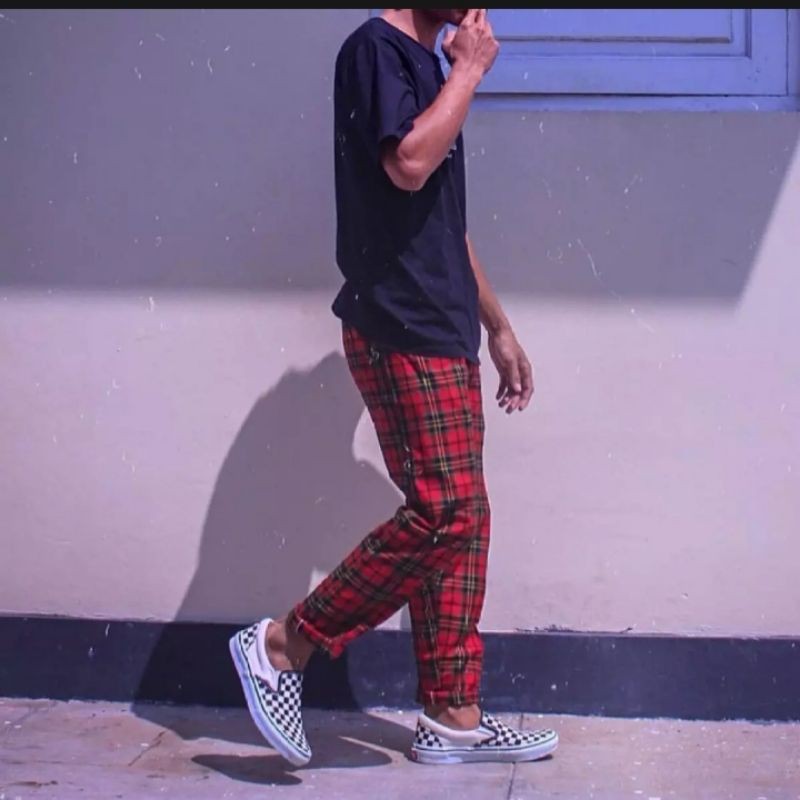 celana panjang kotak kotak pria celana pinggang karet jogger pants pakaian celana pria terbaru