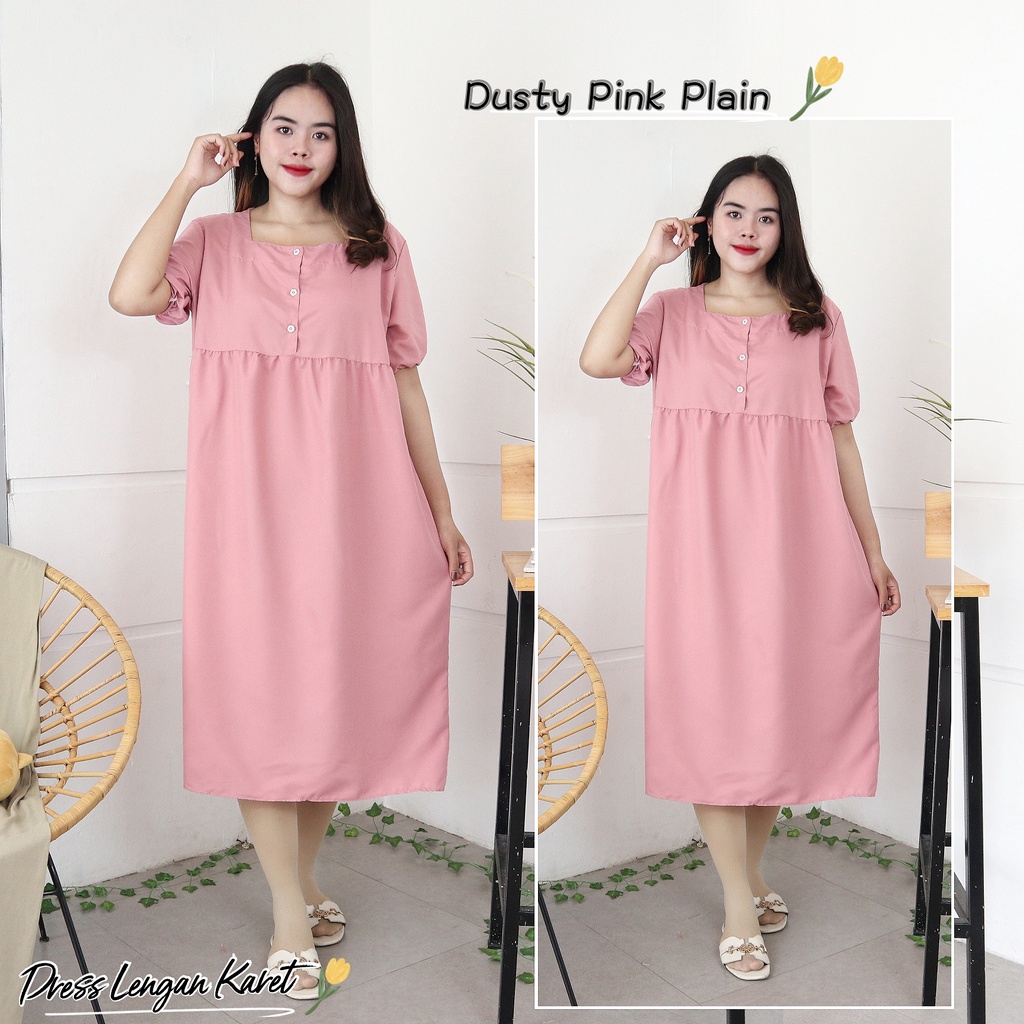 IZANY  Daster Dewasa Lengan Karet / Dress Wanita Lengan Karet Polos Plain-DUSTY PINK PLAIN