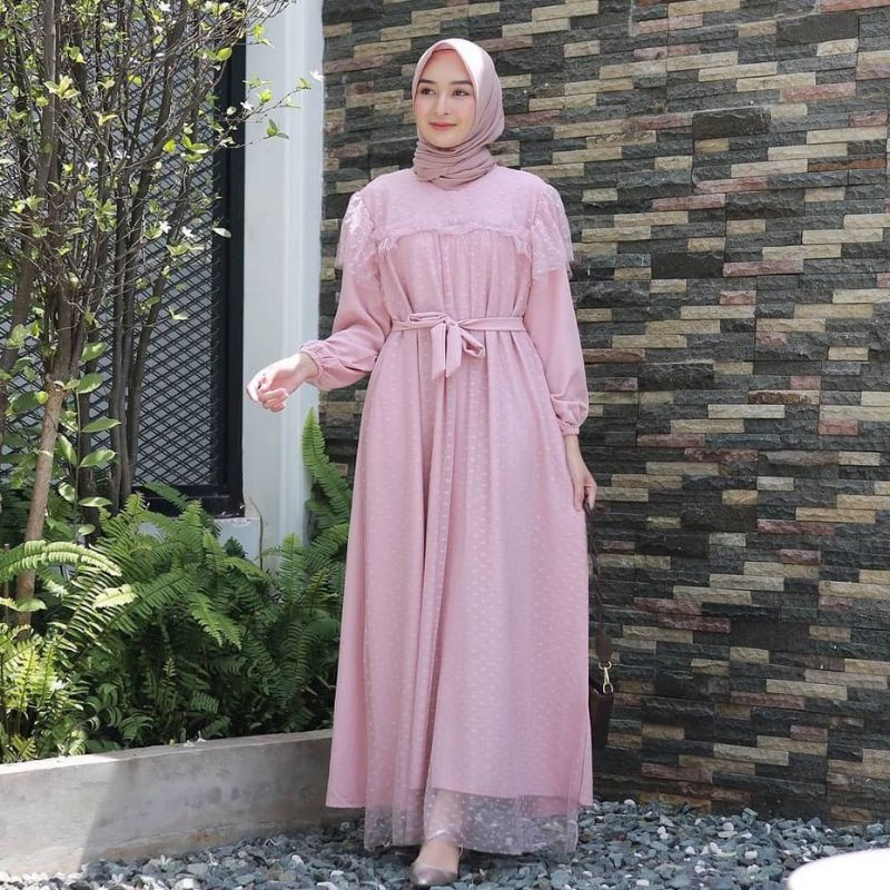 Mira Dress Gamis Maxy Brukat Polka Tile Dotty Fashion