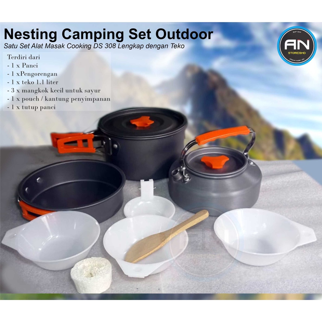 Nesting Camping Set Outdoor  Satu Set Alat Masak Cooking DS 308 Lengkap dengan Teko