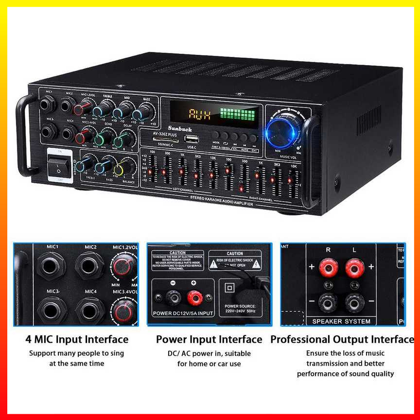 Ampli Hi-Fi Stereo Audio Amplifier Bluetooth EQ Karaoke FM 2000W Remot Kontrol Radio FM Slot Kartu SD dan USB - Sunbuck AV-326Z PLUS - 4PSK07BK