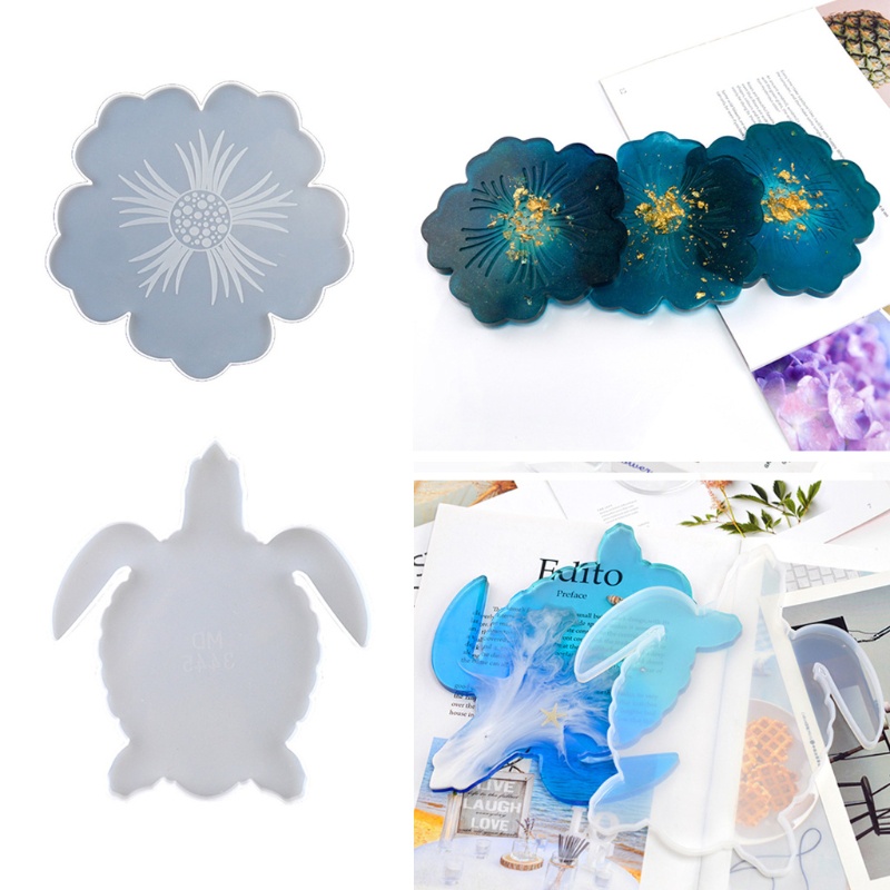 SIY  2Pcs DIY Flower Shape Silicone Geode Coaster Resin Molds Animals Sea Turtle Resin Coaster Tea Mat Molds Art Craft Tools