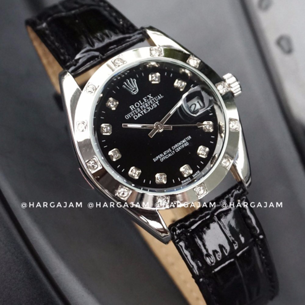 Jam Tangan Wanita Automatic Rolex R1003 Oyster Perpetual Kulit Hitam Plat Hitam hargajam harga jam
