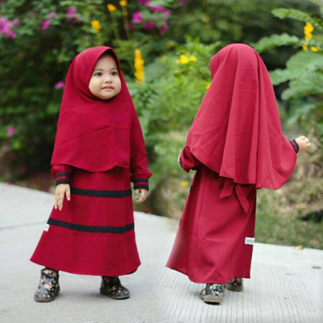 Gamis Anak Wolfis Strip Set Kerudung Besar Usia 1-10 tahun Original