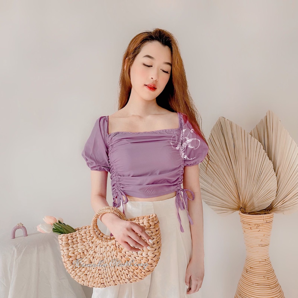 Mindeulle Top ATASAN WANITA SERUT LILAC UNGU OOTD KOREA SIMPLE CROP