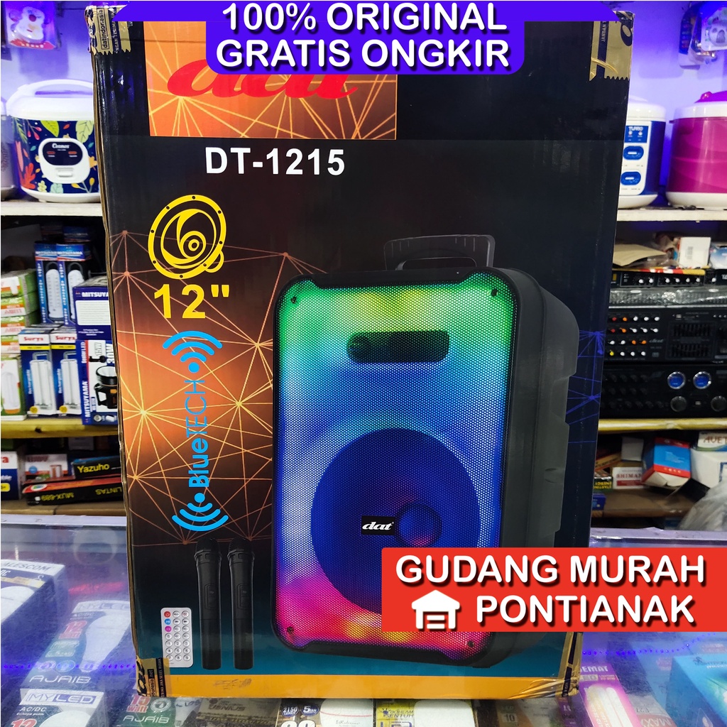 Speaker Bluethoot DAT 12&quot; PENUH WARNA LED BERGERAK Bonus 2 Mic Wireless ukuran 12inch Troly DT 1215 COLOR FULL