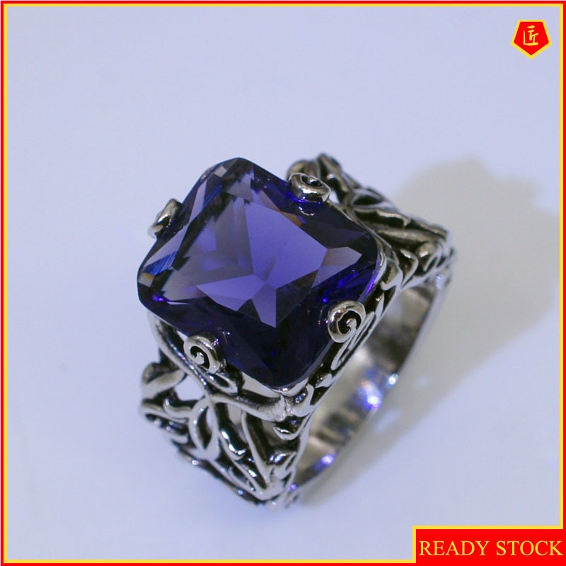 [Ready Stock]Hollow Flower Rhinestone Purple Crystal Silver Ring Elegant Retro