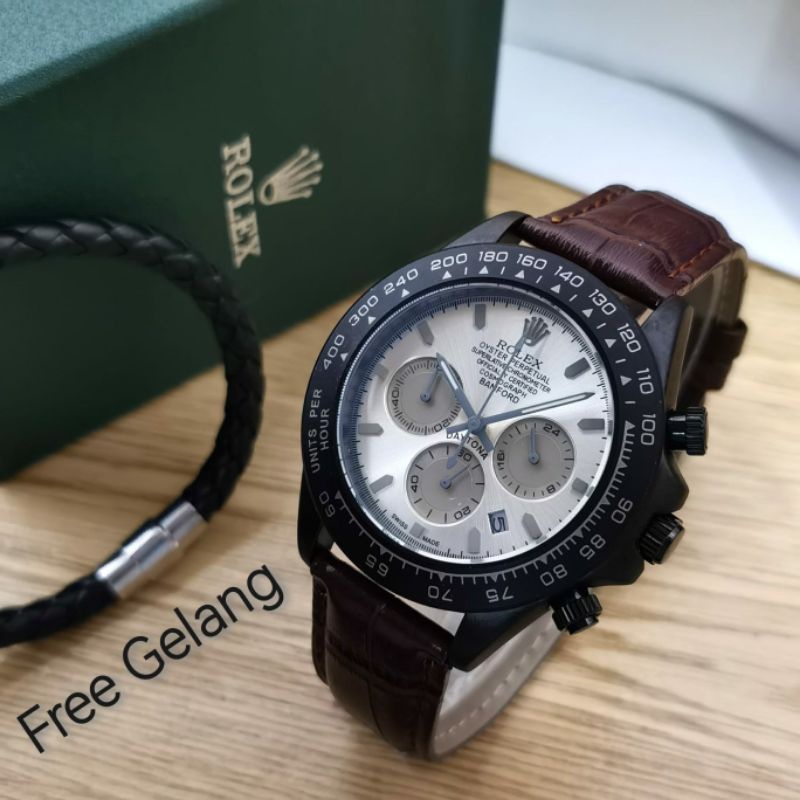 Jam Tangan Pria Rolex Daytona Oyester Perpetual Crono Aktif Tali Kulit Warna Pilihan