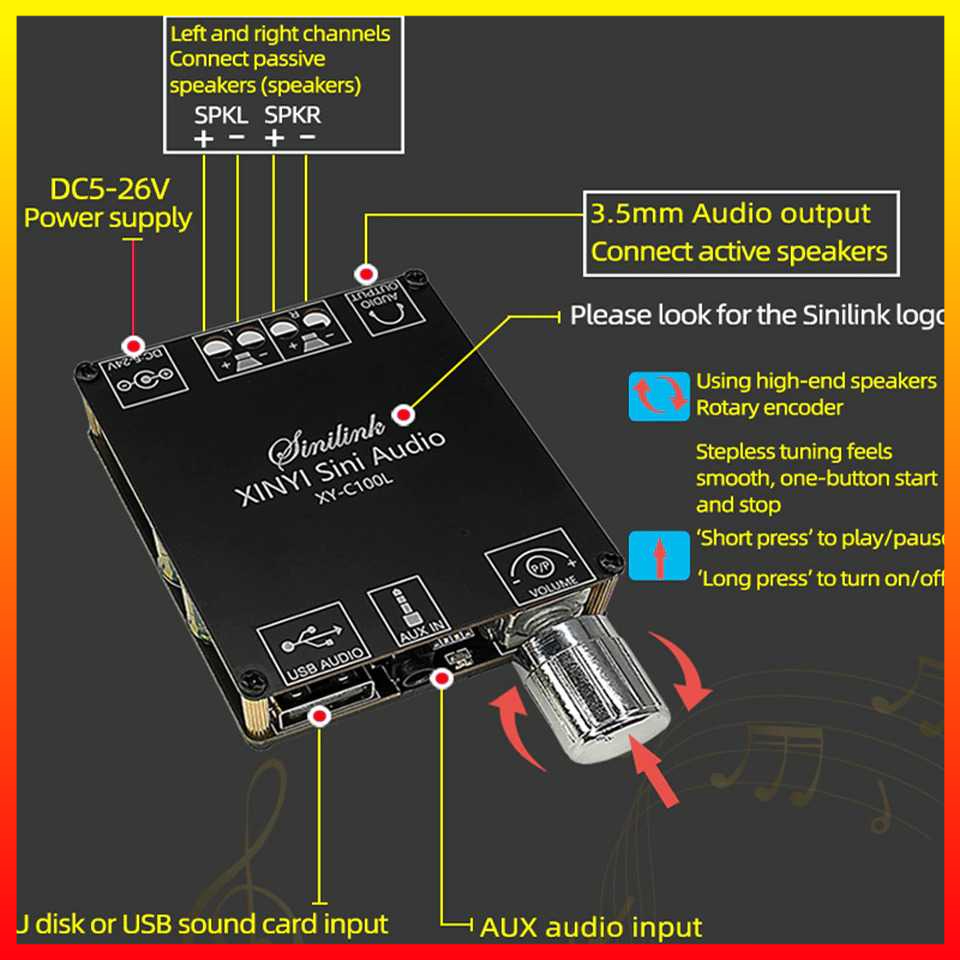 Audio Amplifier Bluetooth 5.0 AUX Dan USB Class D 2x100W Suara Hi-Fi Speaker 20-300 W Sinilink XINYI - 7RSKCTBK