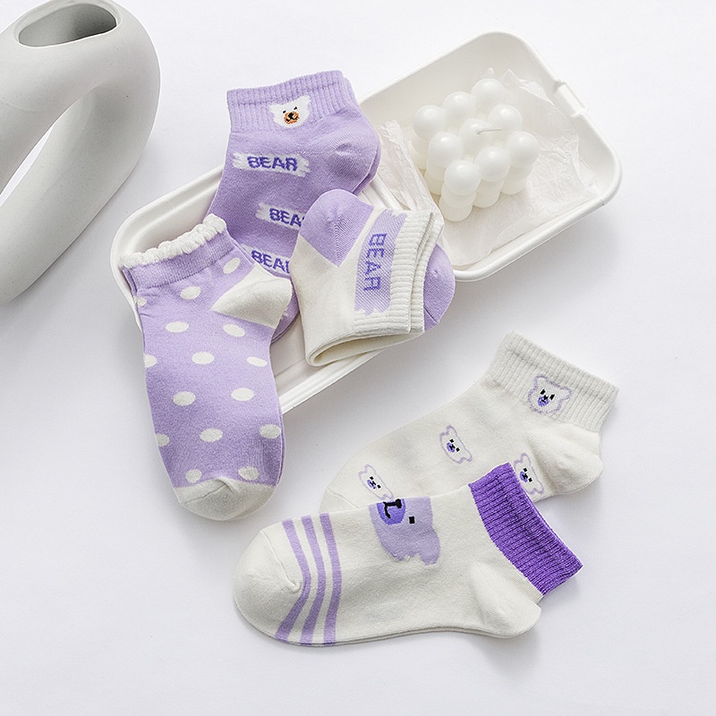 GO! KK807 Kaos Kaki Wanita Motif Beruang Ungu Pendek Fashion Korean Unisex Semata Kaki Purple Bear Socks Import Ankle