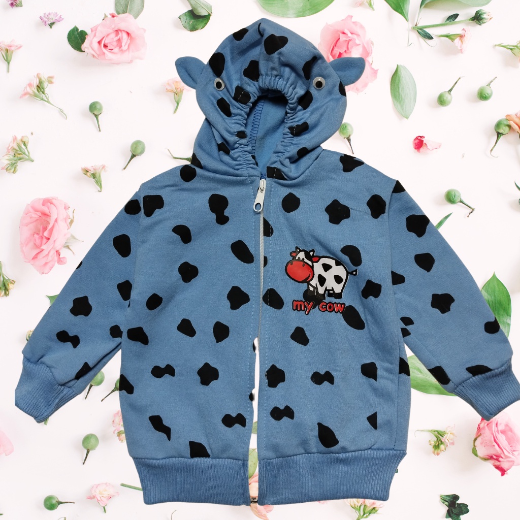 Jaket Hoodie Anak Ziper Motif COW usia 6 bulan -16 bulan FLECEE biru muda