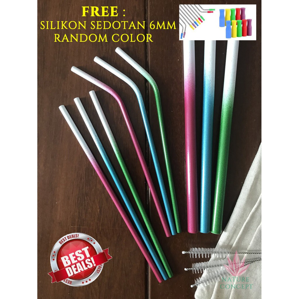 Stainless Steel Straw Sedotan Minuman 2 Warna Two Tone (SET 5 in 1) Terbaru BONUS 2 SILIKON SEDOTAN