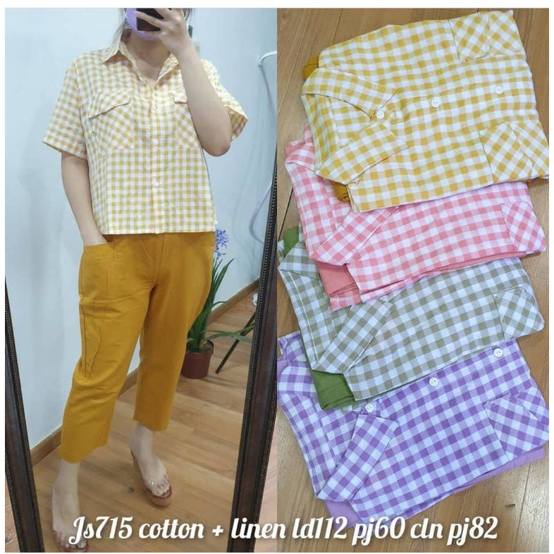 setelan 7/8 kotak kotak kombinasi polos