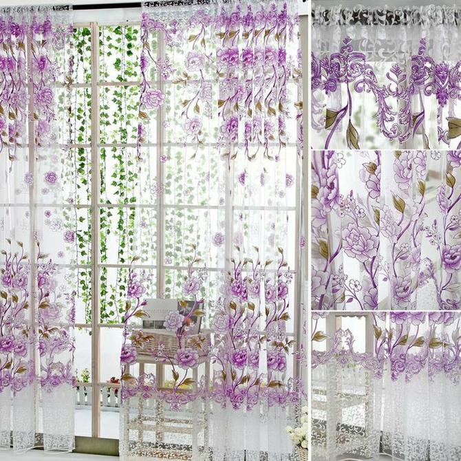 gorden minimalis vitrase Tirai pemisah motif bunga ungu