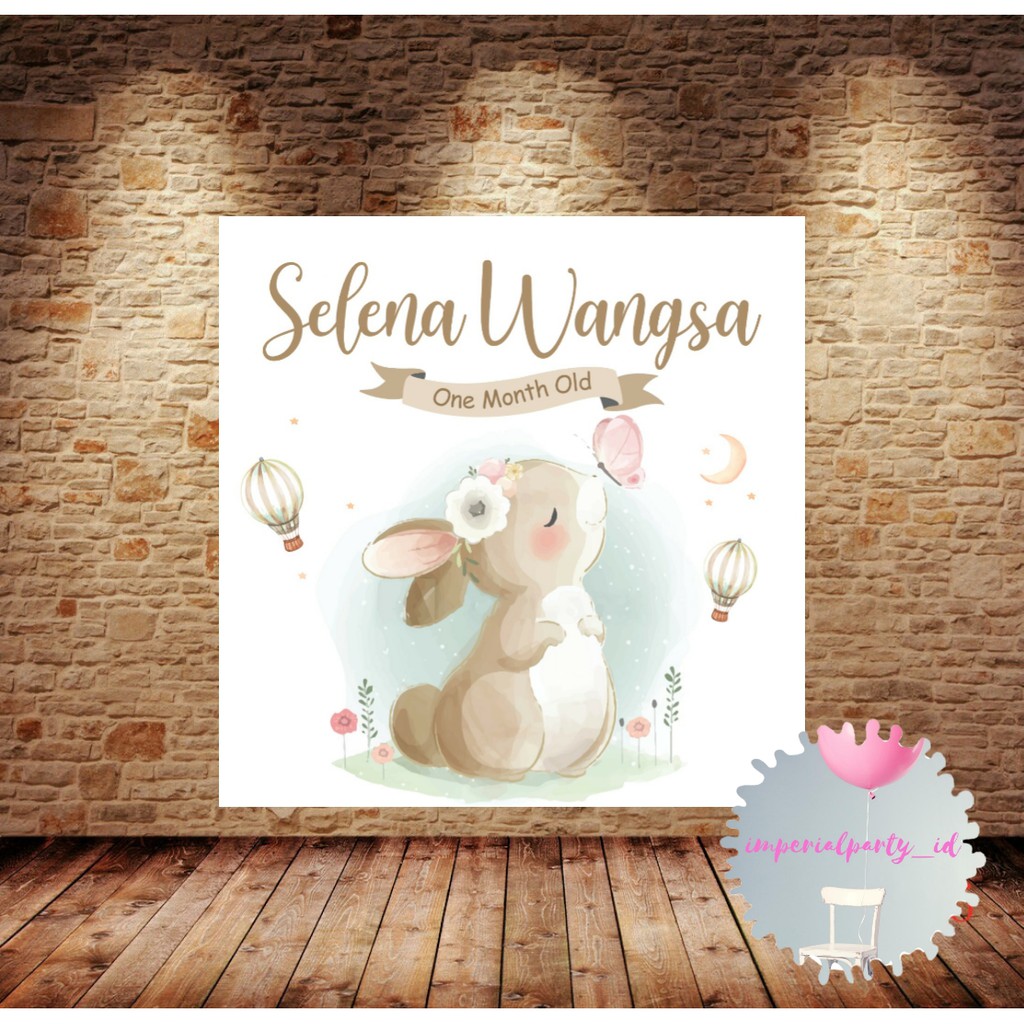 Custom Backdrop Banner Spanduk Happy Birthday One Month Rabbit Kelinci