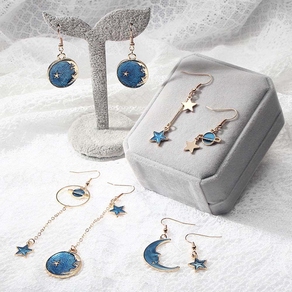 Needway Anting Bulan Bintang Biru Panjang Hadiah Planet Liontin Asimetris Saturnus Ear Studs Moon Women Earrings