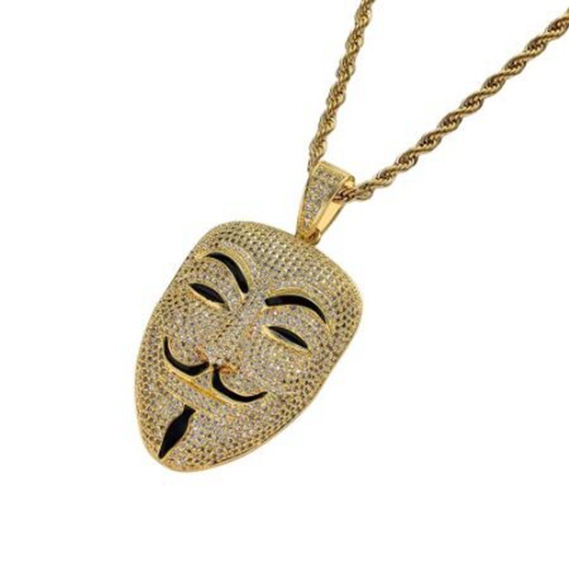 Kalung Liontin Masker Bahan Zircon Gaya Hip Hop Rock Untuk Unisex