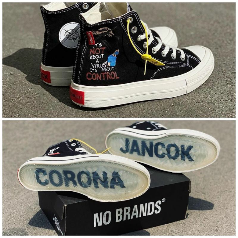 NOBRANDS CORONA JANCUK HIGH BLACK WHITE ORIGINAL SEPATU NO BRAND FOOTWEAR CORONA JANCOK TPS HI CORJA