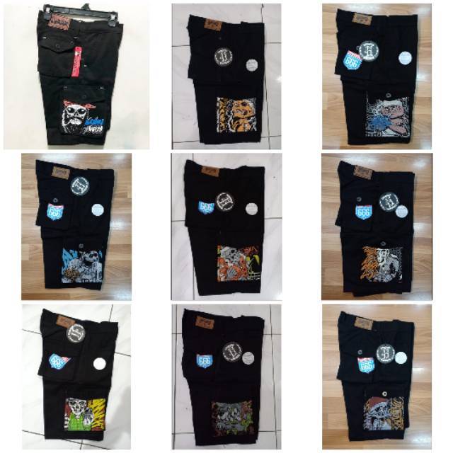 CELANA CARGO PENDEK PRIA DISTRO MOTIF FULL PRINT TENGKORAK CELANA SAKU BESAR HITAM METAL TERBARU HIT