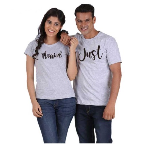 DISKON!!!KAOS COUPLE KADO ULANG TAHUN SOUVENIR VALENTINE BIG SIZE M - 5XL JUST MERRIED