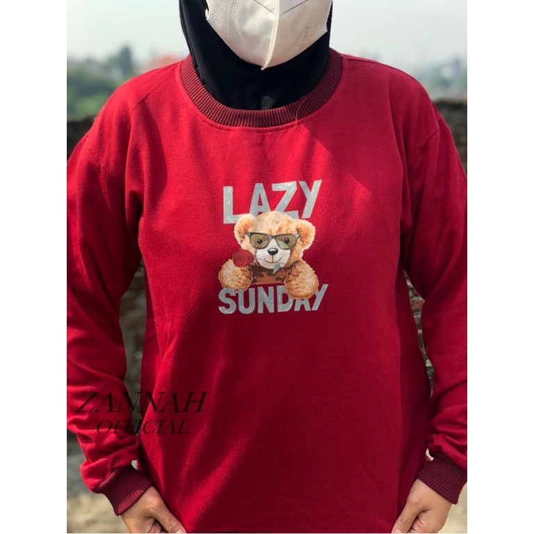 Sweater Crowneck Trendy Motif Lazy Bearr Bahan Pleace Korean Style