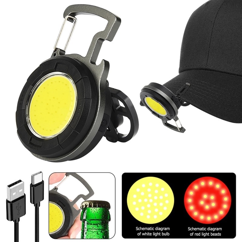 Lampu Senter Led COB Bulat USB Rechargeable Super Terang Portable Multifungsi Dengan Gantungan Kunci