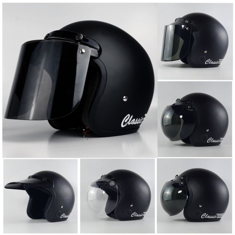 Helm bogo retro  Hitam Doff kaca flat visor