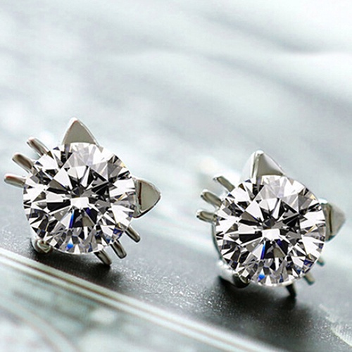 Hu Hu Hu Hu Hu Alat Bantu Pasang Kacamata♡ Anting Tusuk Sterling Silver 925 Desain Telinga Kucing Hias Zircon Berkilau Untuk Wanita