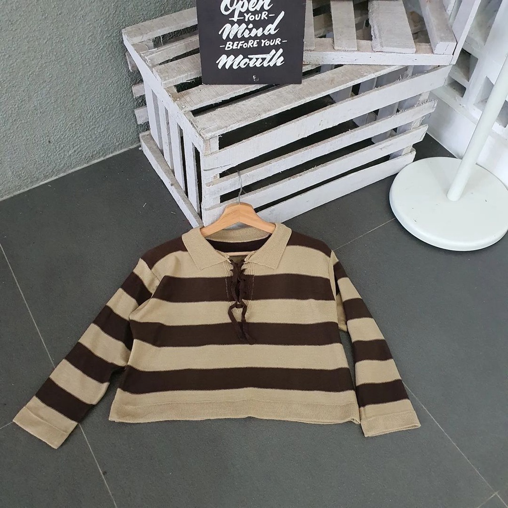 Atasan Wanita Sweater Crop Kerah Fuji Tali Bahan Rajut Korean Style Terbaru