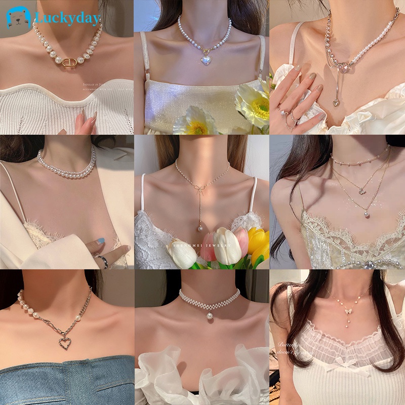 YEEZII Kalung Rantai Choker Hias Liontin Kupu-Kupu Hati Kristal Mutiara Warna Emas Perak Untuk Wanita